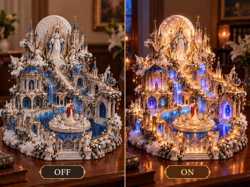 ✝️ Heavenly Light Sanctuary – Illuminated Cathedral Diorama with Rotating Faith Scene