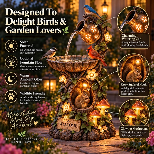 🐿️ Solar Birdbath Fountain Garden Decor – Woodland Charm with a Warm Glow