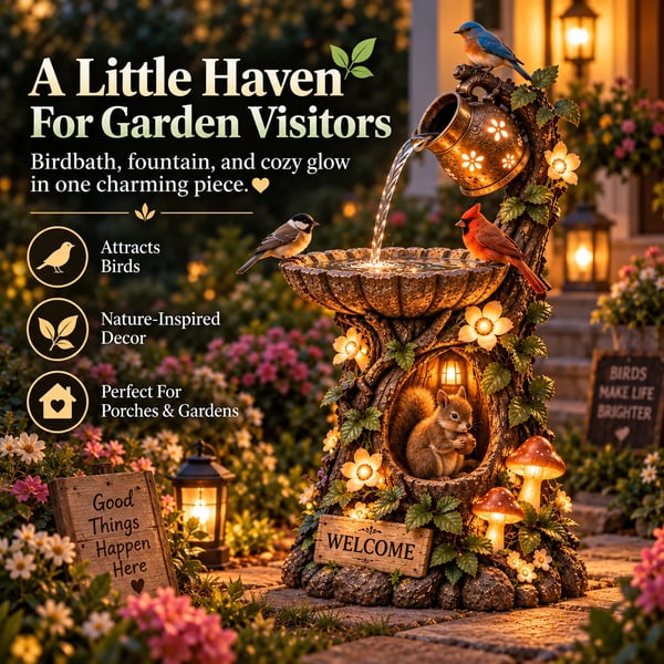 🐿️ Solar Birdbath Fountain Garden Decor – Woodland Charm with a Warm Glow