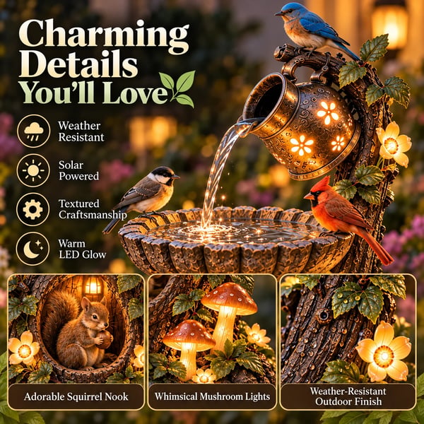 🐿️ Solar Birdbath Fountain Garden Decor – Woodland Charm with a Warm Glow