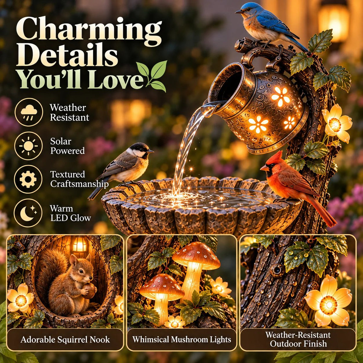 🐿️ Solar Birdbath Fountain Garden Decor – Woodland Charm with a Warm Glow