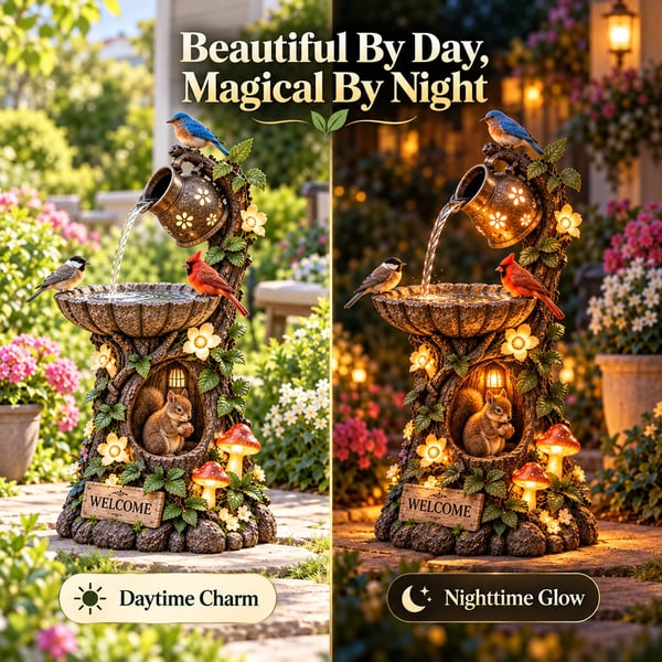 🐿️ Solar Birdbath Fountain Garden Decor – Woodland Charm with a Warm Glow
