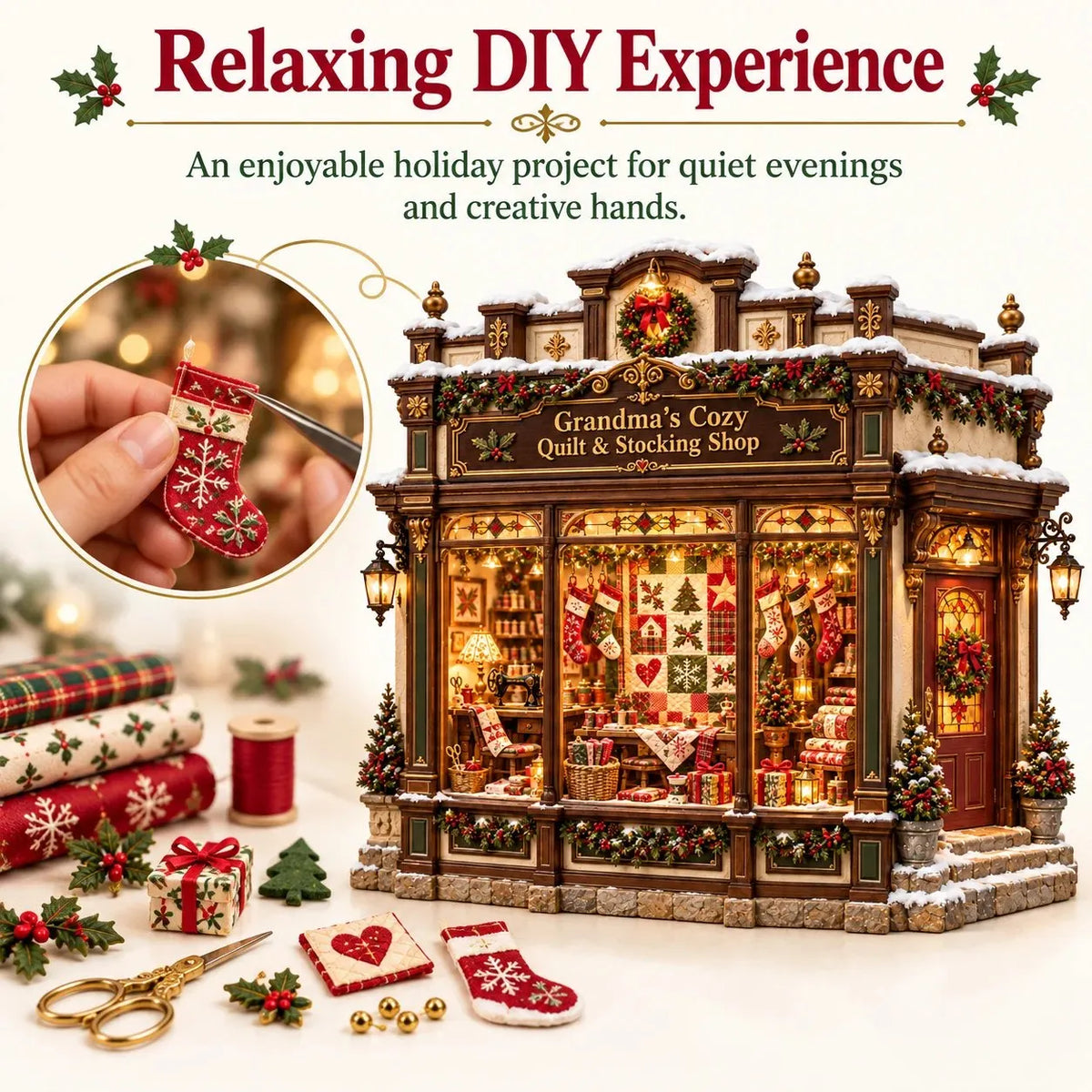🧵 Cozy Quilt Shop DIY Kit – Light‑Up Christmas Miniature You Build Yourself