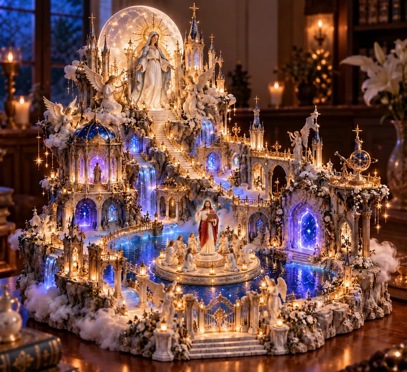 ✝️ Heavenly Light Sanctuary – Illuminated Cathedral Diorama with Rotating Faith Scene