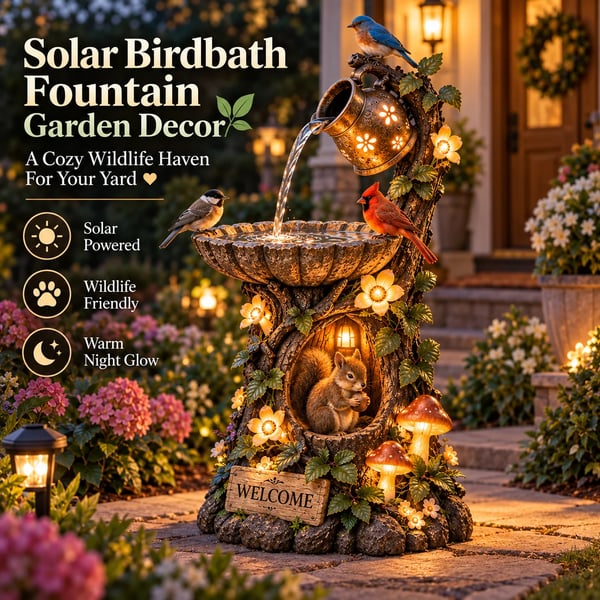 🐿️ Solar Birdbath Fountain Garden Decor – Woodland Charm with a Warm Glow