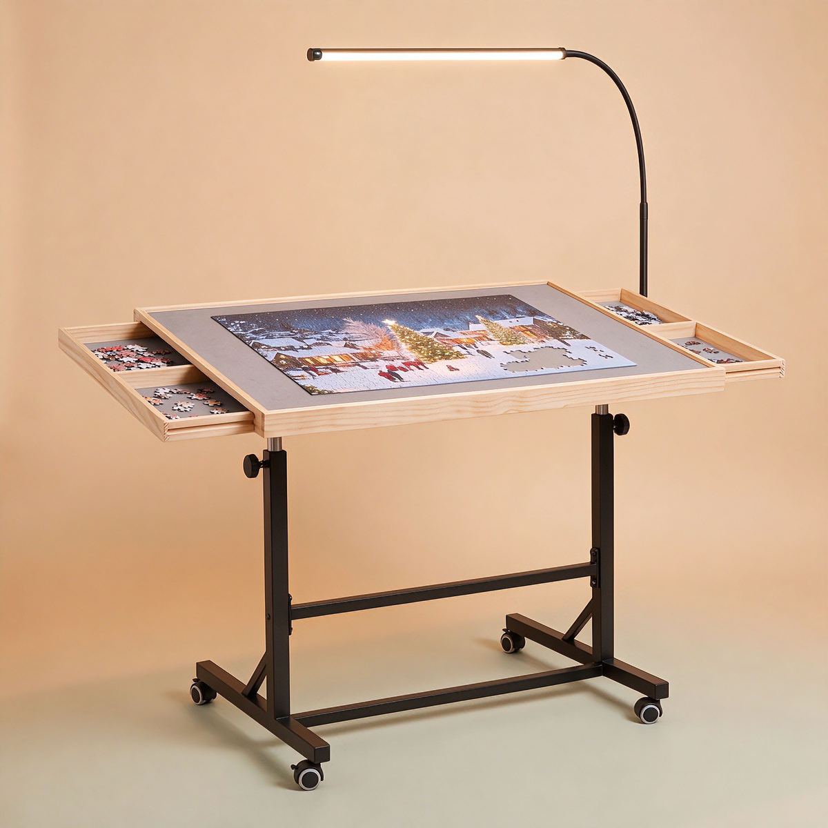🧩 Adjustable Rolling Puzzle Table with Storage Drawers – Puzzle in Comfort
