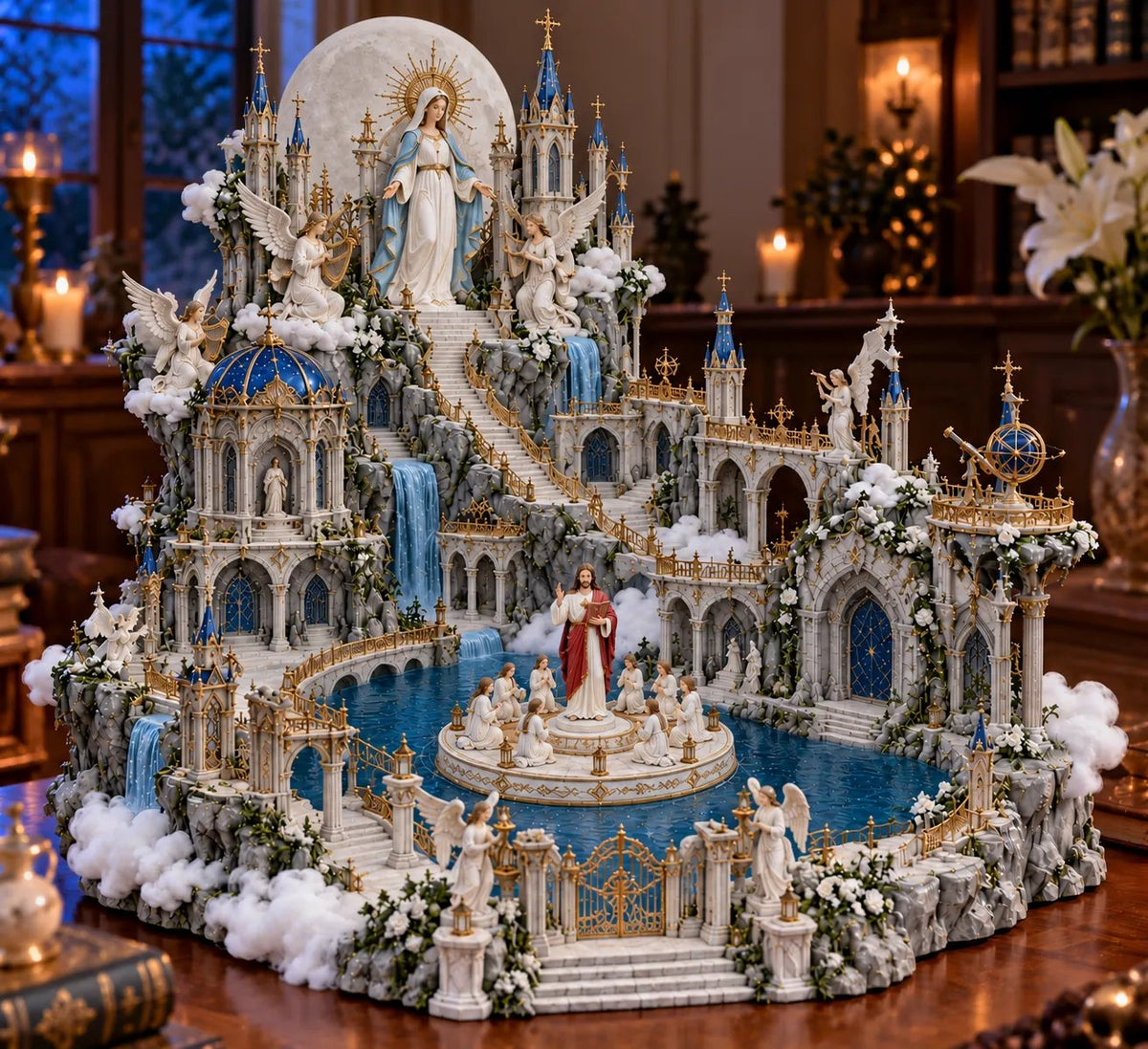 ✝️ Heavenly Light Sanctuary – Illuminated Cathedral Diorama with Rotating Faith Scene