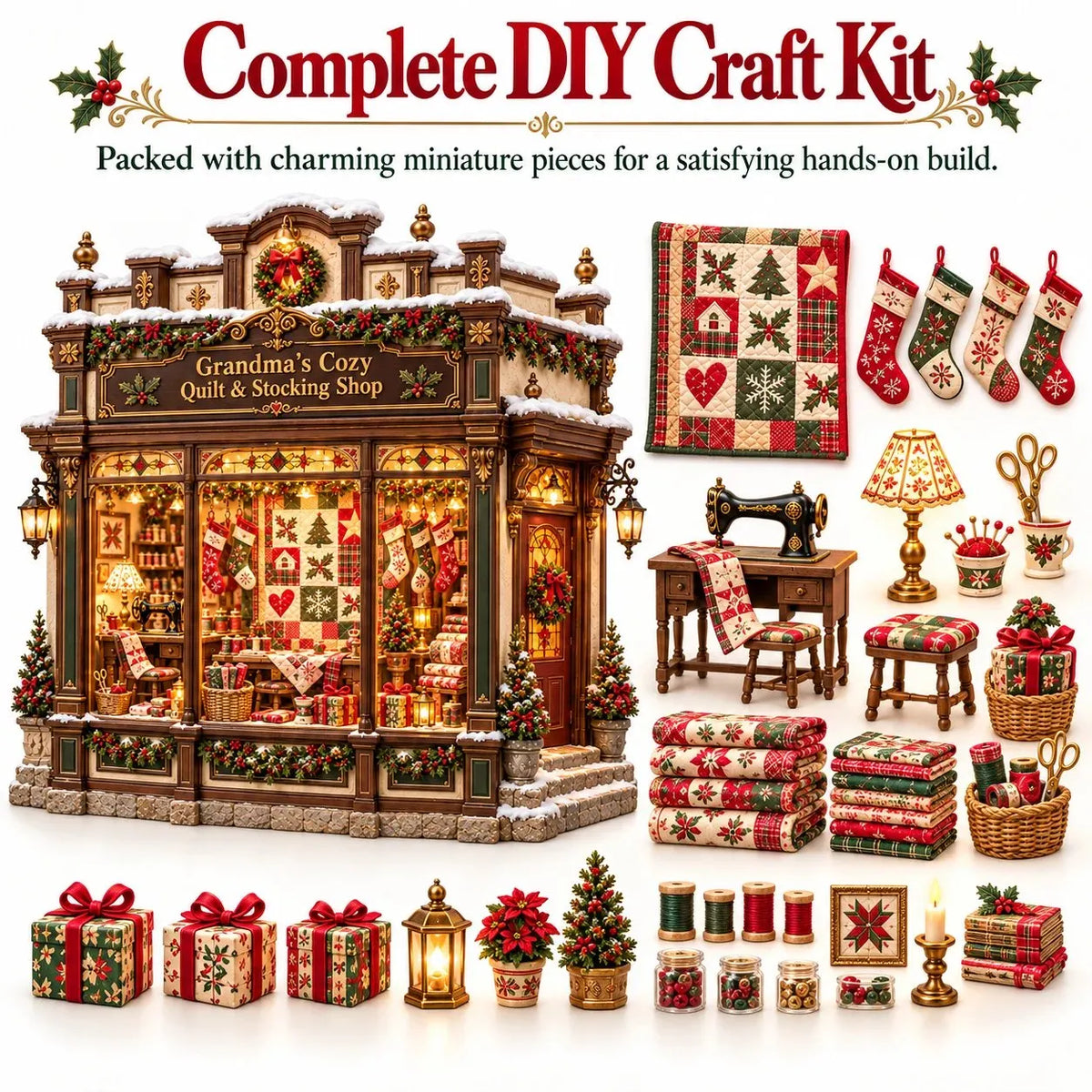🧵 Cozy Quilt Shop DIY Kit – Light‑Up Christmas Miniature You Build Yourself