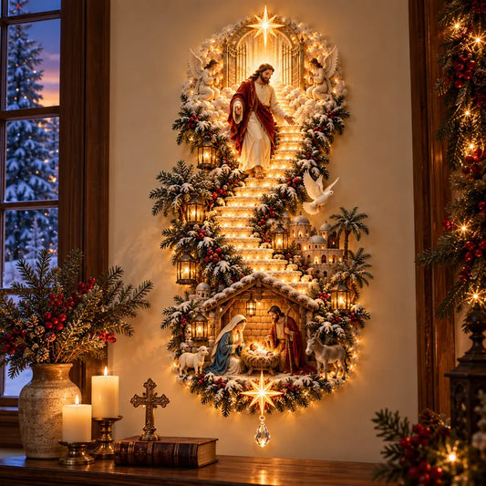 ✨ Jesus Light of Heaven Christmas Wall Hanging – Illuminated Nativity Wall Decor