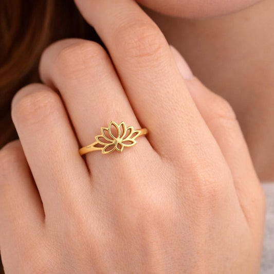 Golden Lotus Flower Ring Plated Unique Flower Design Rings Gift for Her