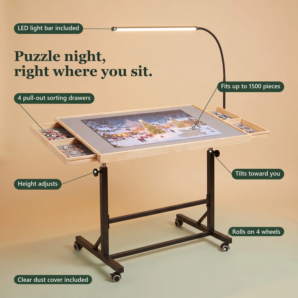 🧩 Adjustable Rolling Puzzle Table with Storage Drawers – Puzzle in Comfort