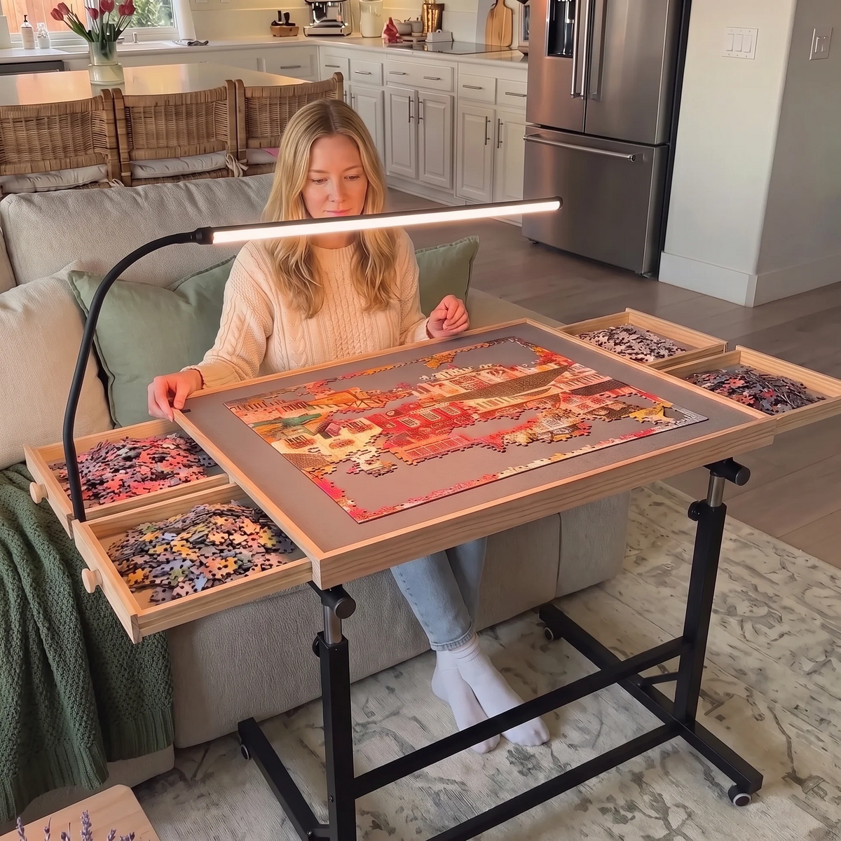 🧩 Adjustable Rolling Puzzle Table with Storage Drawers – Puzzle in Comfort