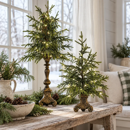 🎄 Vintage Lighted Norfolk Pine Trees – Warm Christmas Tabletop Decor