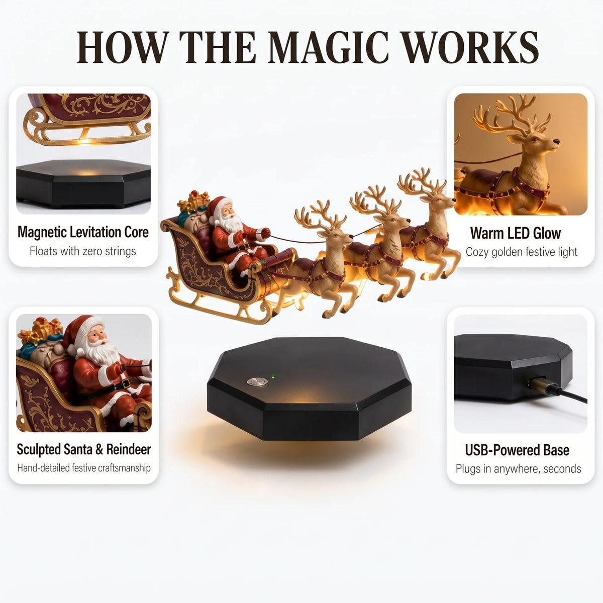 🎅 Magnetic Floating Christmas Sleigh – LED Holiday Decoration