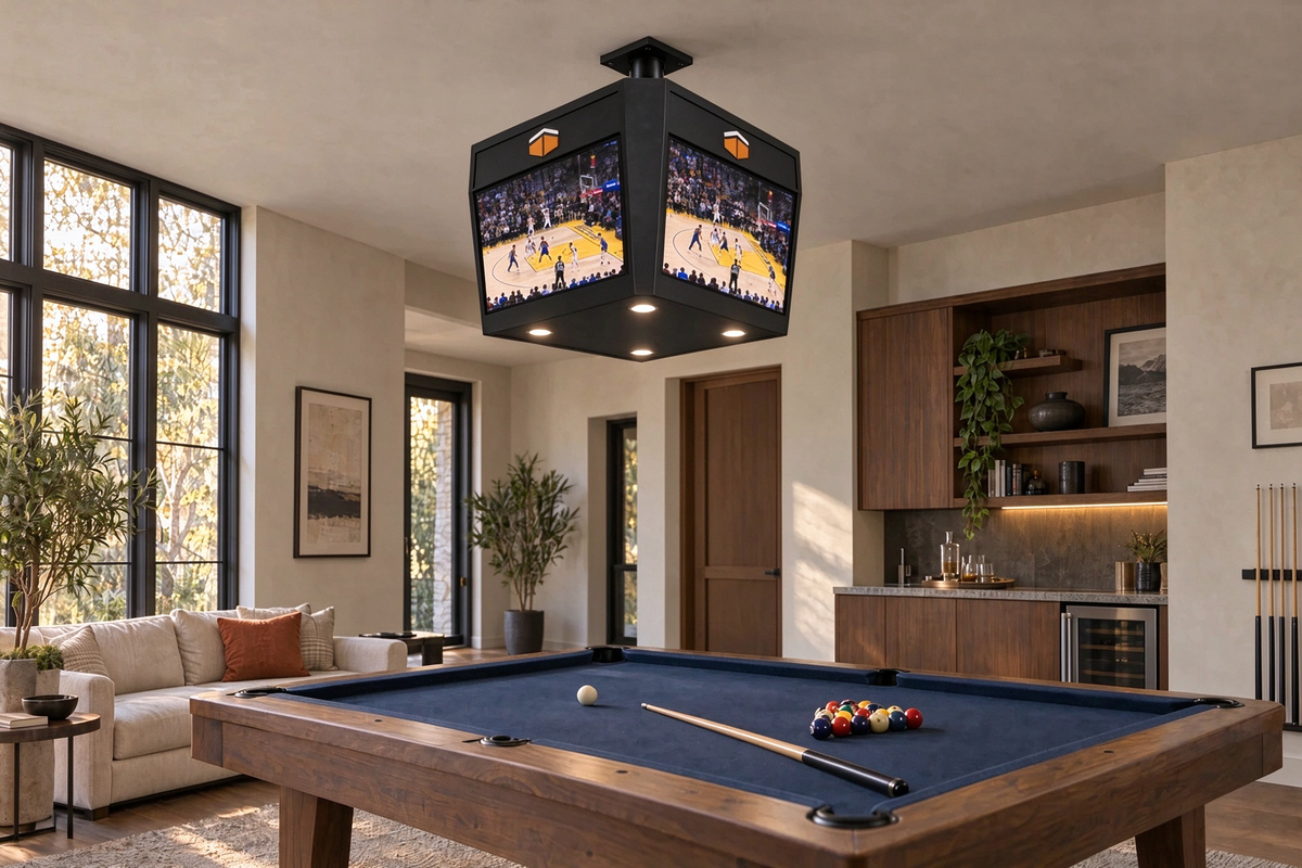 🏟️ 4-Sided Ceiling Sports Display – One Centrepiece. A Better View of Game Day.