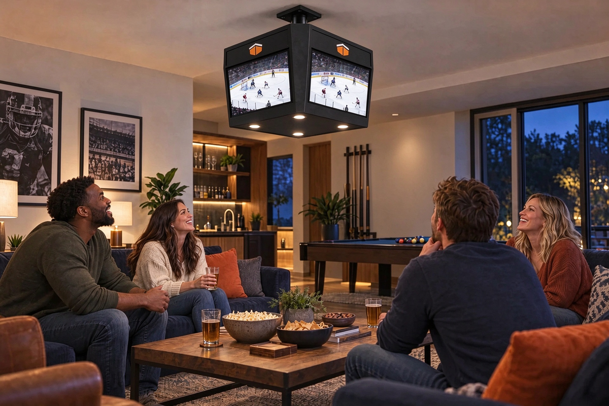 🏟️ 4-Sided Ceiling Sports Display – One Centrepiece. A Better View of Game Day.